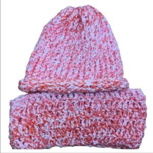 New Handmade Knit Crochet Hot Pink Neon White Scarf Hat Headband Handcrafte Set